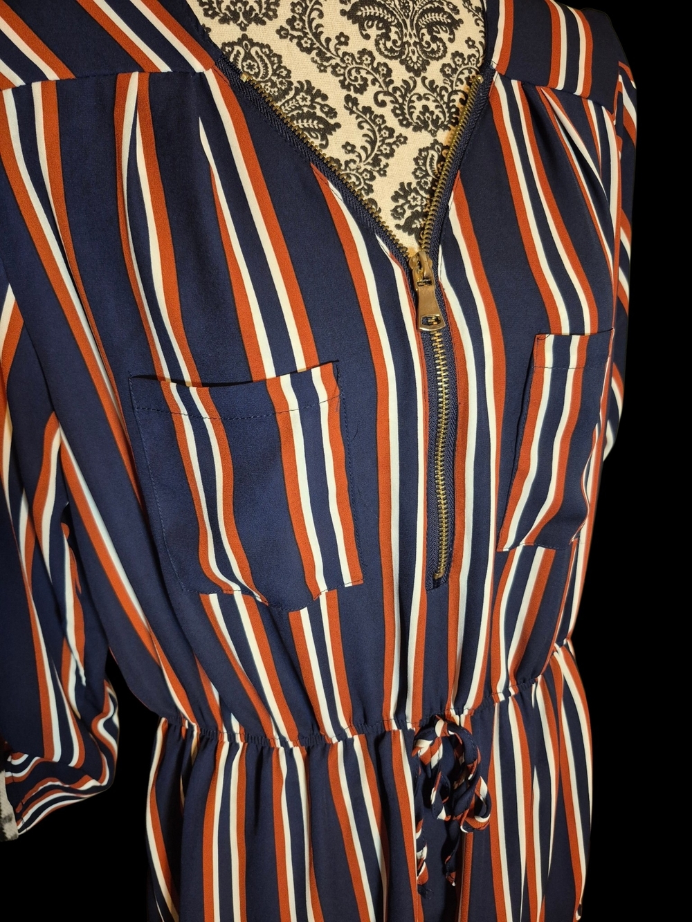 Justify Navy Striped Zip-Front Drawstring Blouse - Picture 5 of 6